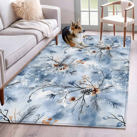 3'x5' Area Rugs, Blue Winter Botanical Indoor Outdoor Area Rug for Living Room Bedroom, Pine Cone Leaves Farmhouse Washable Bathroom Rugs Kitchen Floor Carpet Mats Home Decor Aesthetic