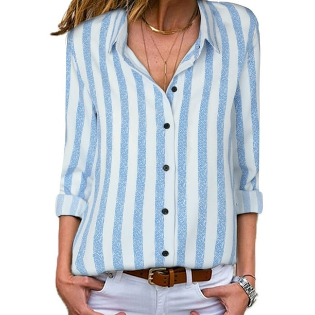 HOTAPEI Womens Striped Button Down Shirts Casual V Neck Roll Up Long