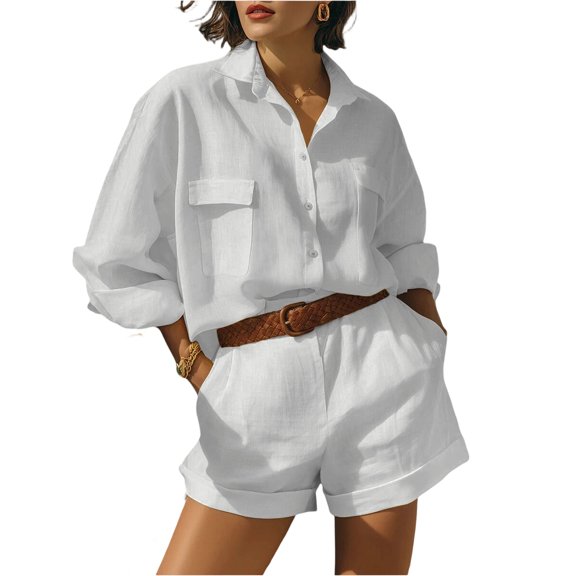 ASDFVBKG Linen Short Sets for Women 2 Piece Summer Short Sleeve Button Down Shirt Matching Set Beach Loose Casual Vacation Outfits White XL