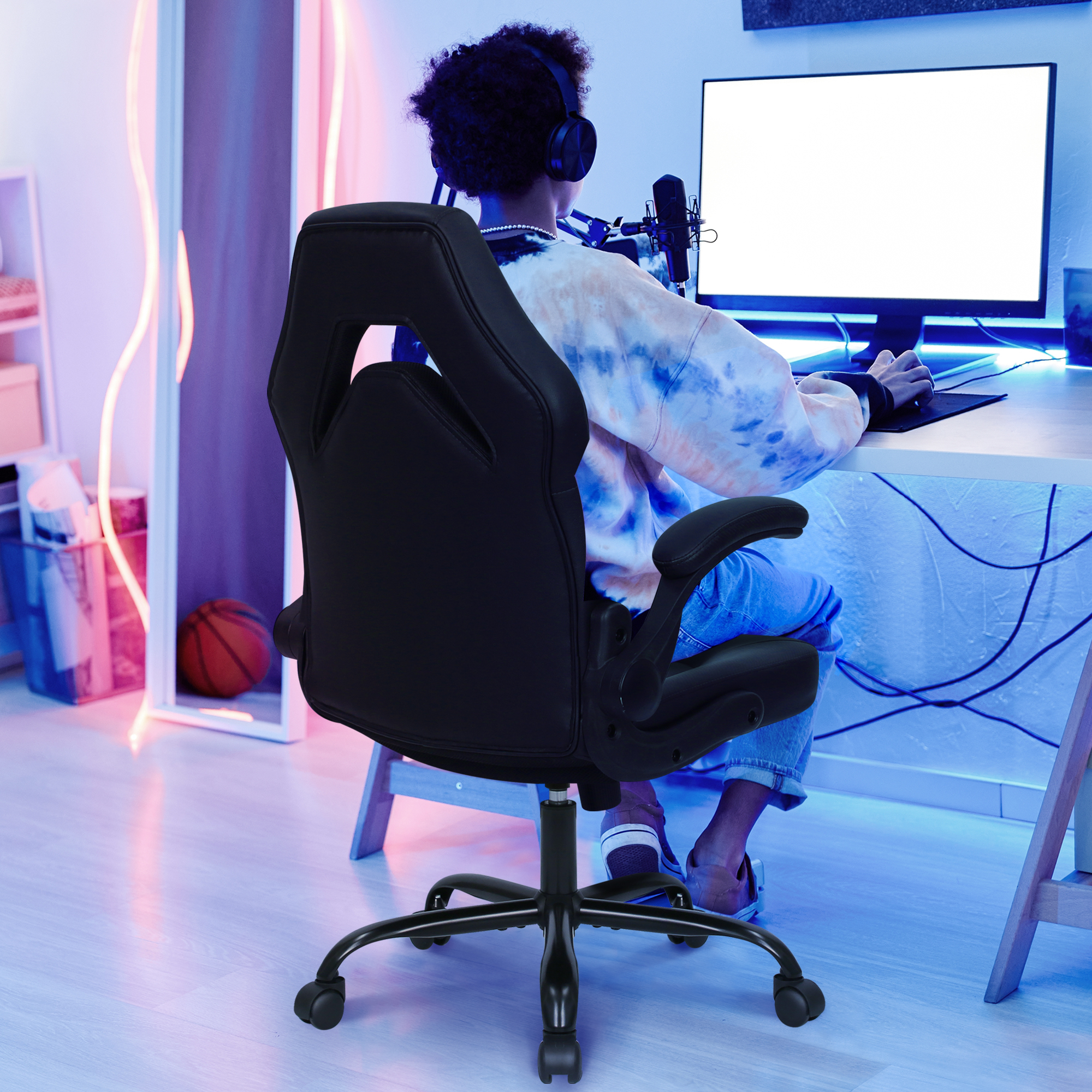 N-GEN Black Gaming Chair, Flip-up Armrest Computer Chair Ergonomic Office Chair PU Leather Desk Chair Executive Adjustable Swivel Task Chair