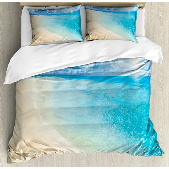 Beach Duvet Cover Set, Sunny Summer Seashore Clear Sky Seashells Starfish Clouds Aquatic Picture, Decorative 3 Piece Bedding Set with 2 Pillow Shams, Calking Size, Aqua Cream Blue, by Ambesonne
