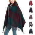 thumbnail image 7 of Xfvqtps Womens Hooded Cape with One Buttons Tassels Plaid Pattern Large Size Knitted Sweater Fashion Casual Warm Fall and Winter Shawl Red, 7 of 7
