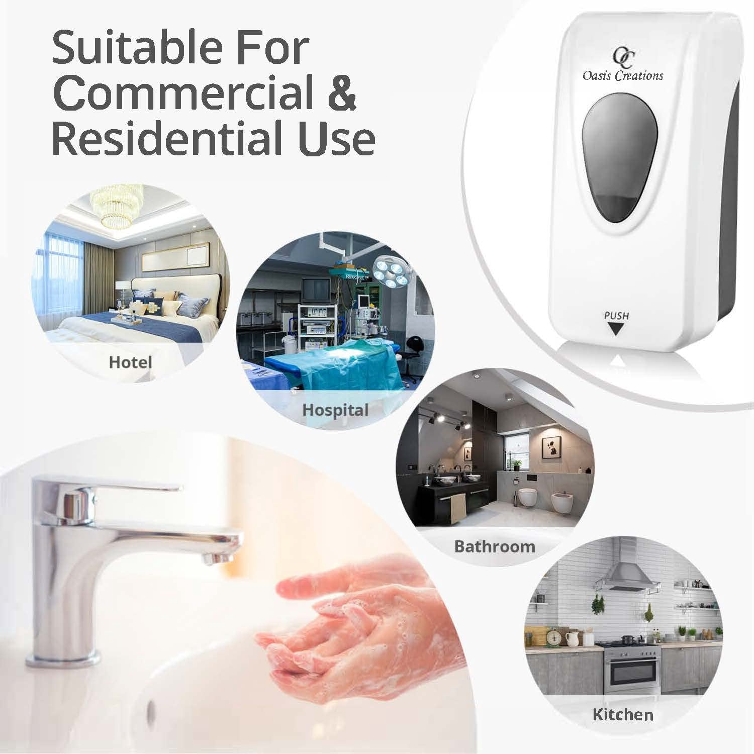 Oasis Creations Manual Soap and Hand Sanitizer Dispenser, Soap/Lotion/Gel, Wall Mount, 1000ml/33oz. Commercial or Residential – White - Case of 30