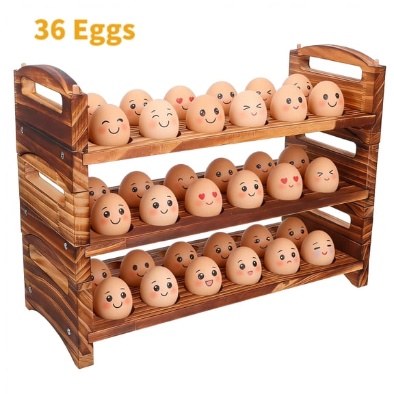 Wooden Egg Holder Countertop, 3-Tier /36-Hole Stackable Wooden Egg Storage & Organizer, Rack Wood with Handle