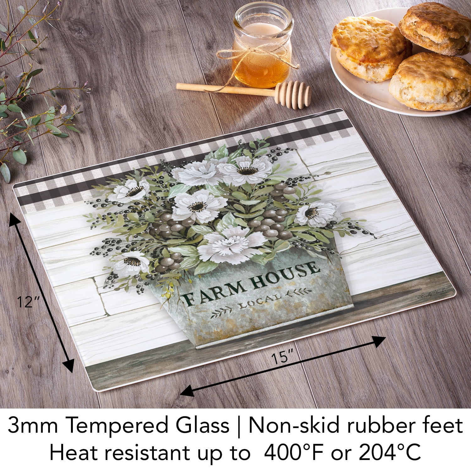 CounterArt "Vintage Farmhouse" 3mm Heat Tolerant Glass Cutting Board 15" by 12"