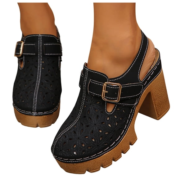 Dakaela Womens Chunky Heels Mules Closed Toe Slingback Platform Clogs Sandals Comfortable Casual Pumps Slides Shoes with Strap Black 7.5