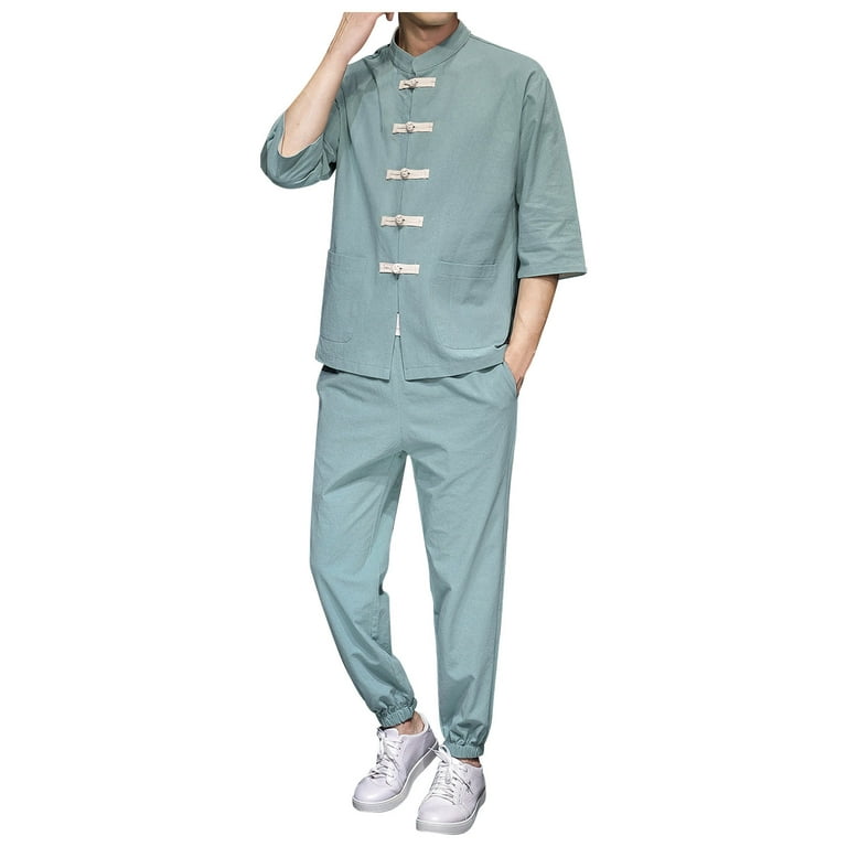 Vintage Collar Cotton Linen Short Sleeved T Shirt Men'S Tang Clothing Plate  Buckle Casual Hanfu Men'S Breathable Cotton Linen Shirt Set Mens Tux  Futuristic Suit Men 