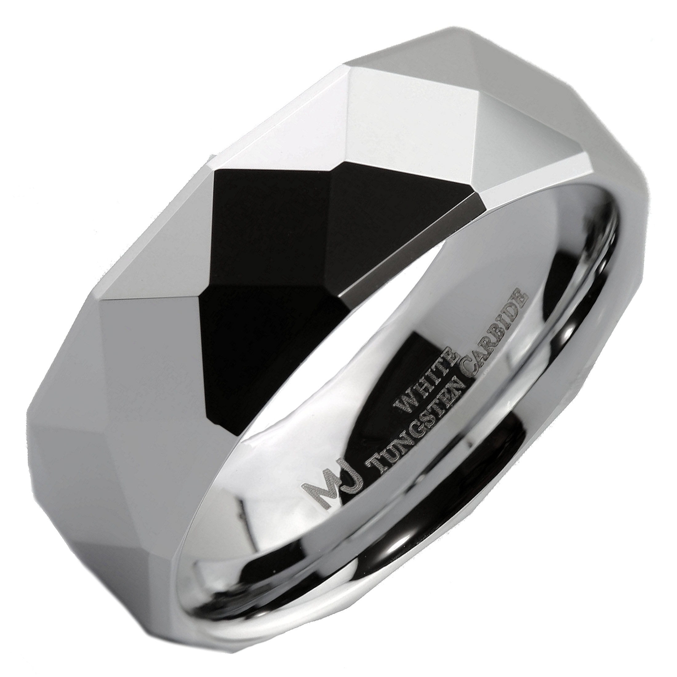 MJ Metals Jewelry White Tungsten Carbide Wedding Band Multi Faceted