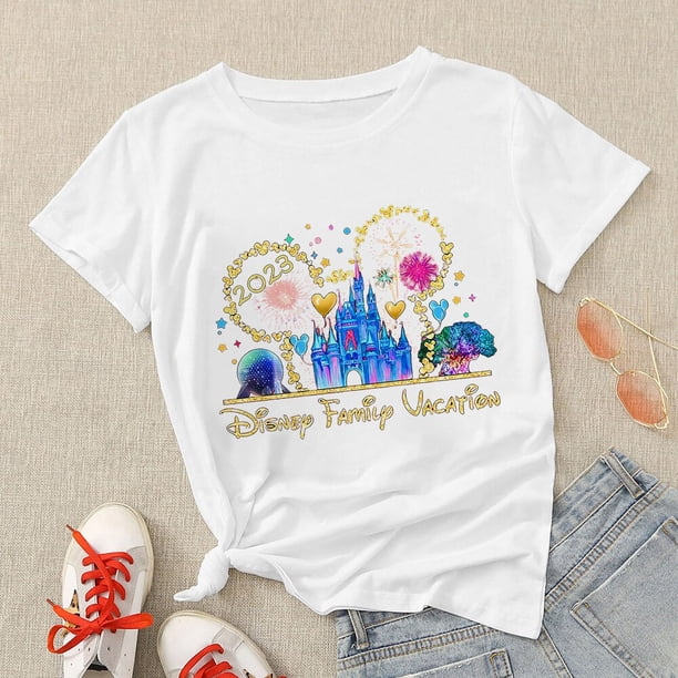 Disney Family Vacation T Shirt Women 2023 Mickey and Friends Print Fashion Disneyland Clothes Basic Tops Summer Travel T-shirtsAldult-XL(1pc) Gao Jinjia LED