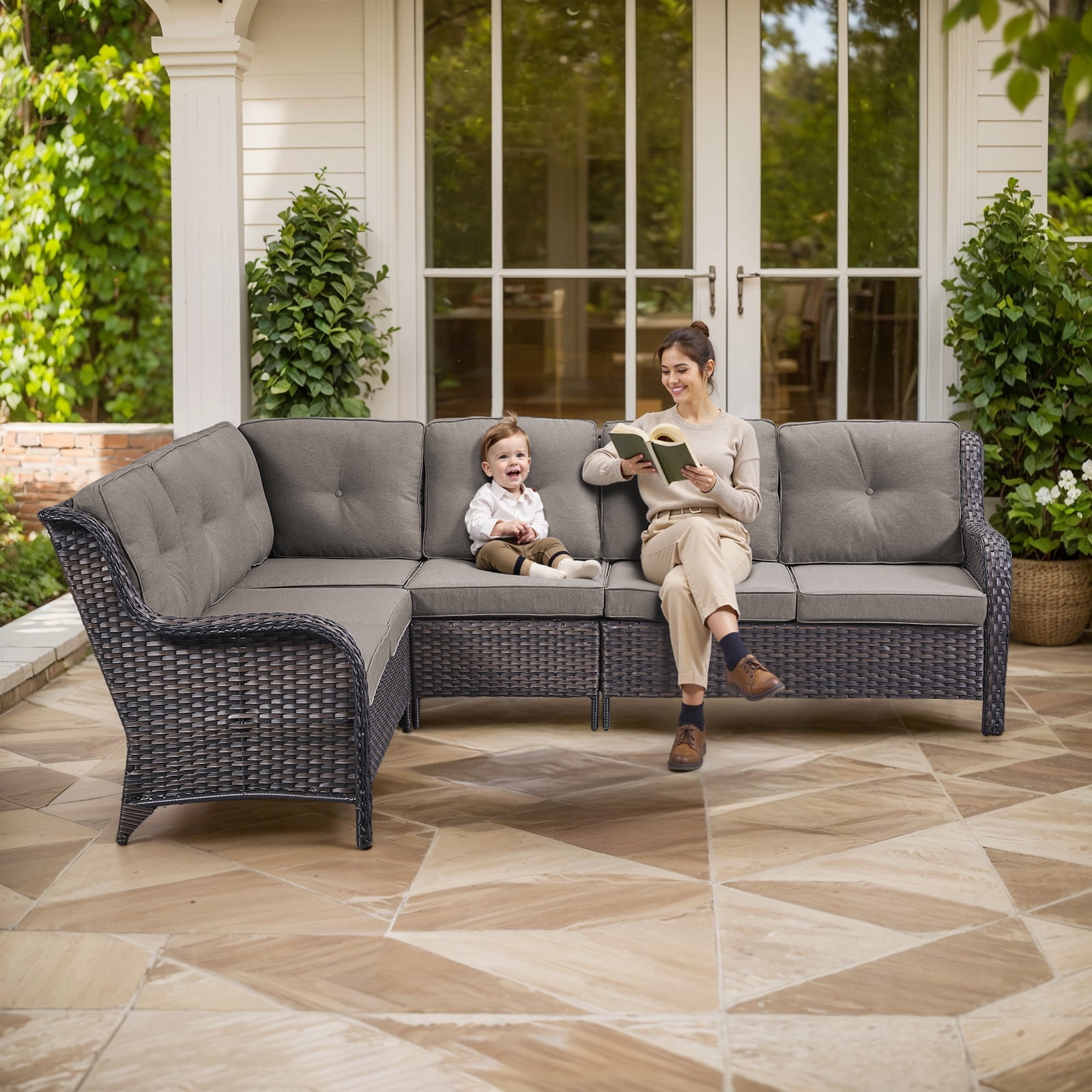 Gymojoy Outdoor Wicker Sofa Set Patio Furniture L-Shape Rattan Sectional with Coffee Table UV-Resistant for Backyard Balcony,Brown/Gray