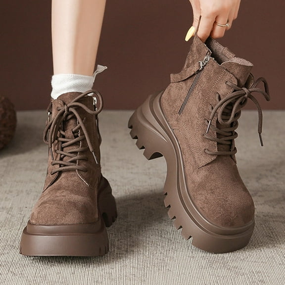 PiGOGI Women's Work Boots for Women Thick Sole Combat Boots Fall Winter Fashion Side Zipper Lace Up Khaki 40