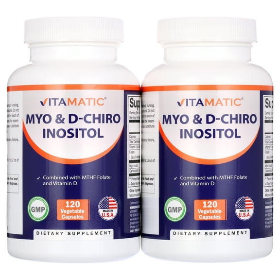 2 Pack Vitamatic Myo-Inositol and D-Chiro Inositol Plus Folate and Vitamin D, 2000mg 120 Capsules