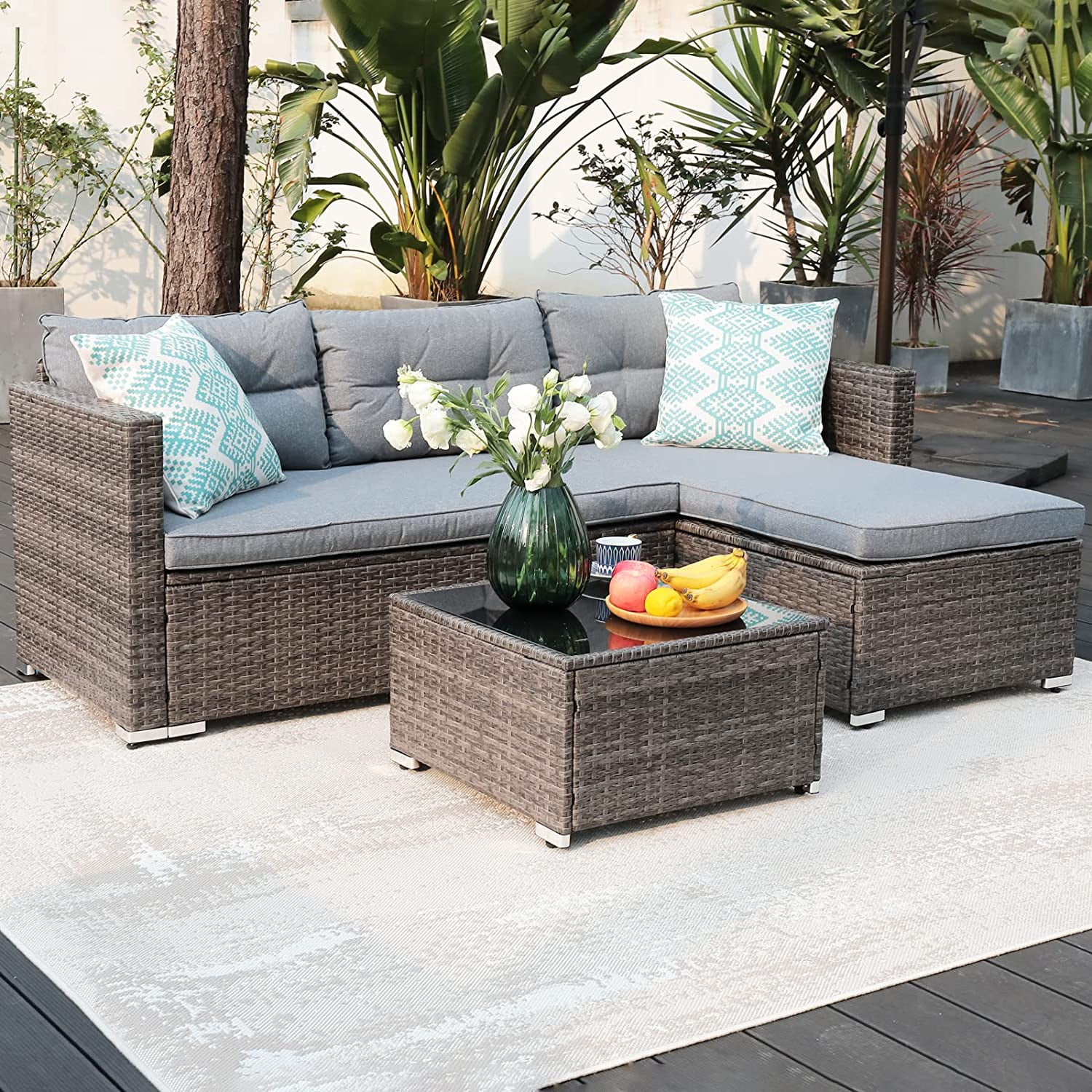 OC Orange Casual 5 Piece Outdoor Sectional Sofa Set with Glass Coffee Table Grey Rattan Sliver Grey Cushion