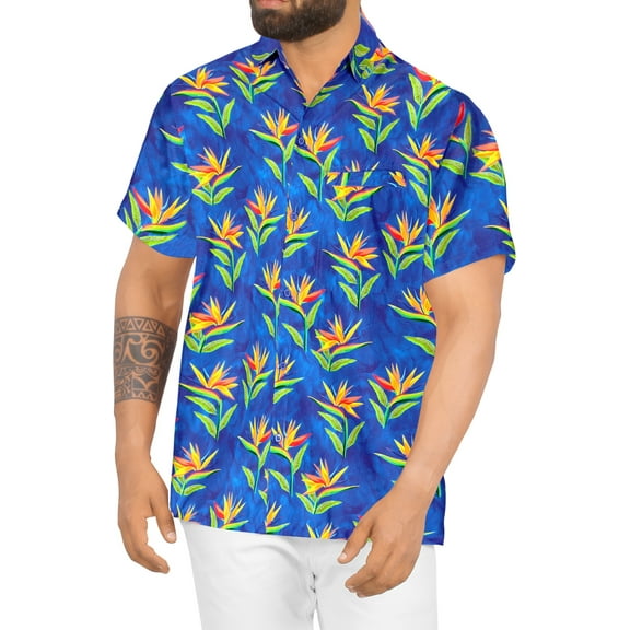 LA LEELA Men's Hawaiian Shirt Tropical Floral Short Sleeve Casual Button Down Beach Shirts for Men XXL Crane Plant Leaf, Blue