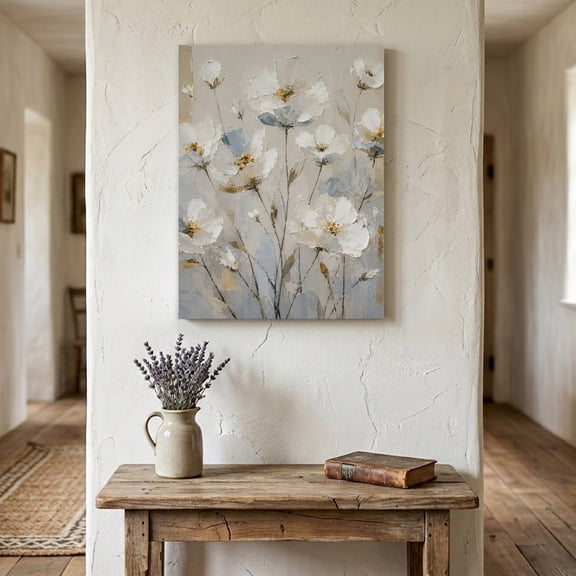 White Floral Canvas Wall Art for Living Room Bedroom Bathroom, Modern Abstract Art Farmhouse Pastoral Flowers Leaf Canvas Art Wall Decor, Artwork for Walls Home Office Decor, 8"x10"