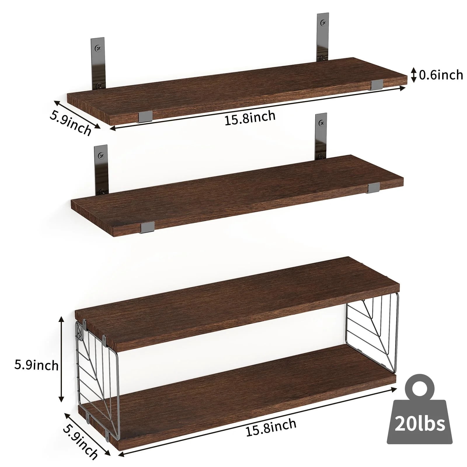 TEAFIRST Floating Shelves, 4 Tiers 15.8in Rustic Wood Wall Decor for Bathroom, Living Room, Brown
