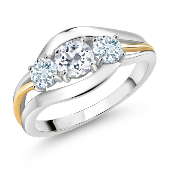 Gem Stone King 925 Sterling Silver and 10K Yellow Gold Round White Topaz and Sky Blue Aquamarine 3 Stone Ring for Women (1.10 Cttw, Size 7)