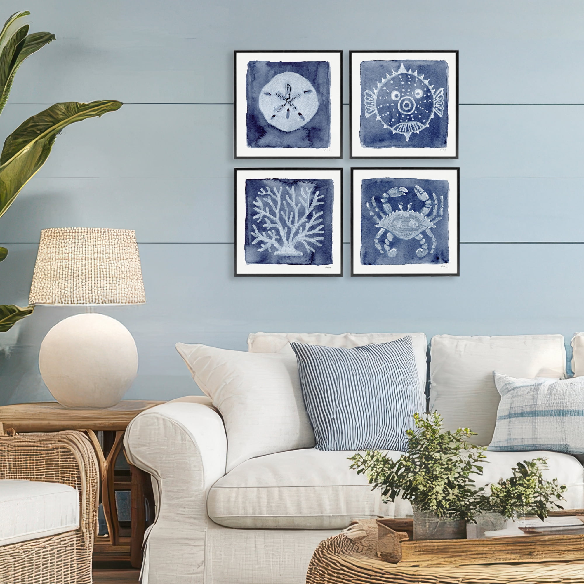Stupell Industries Aquatic Creatures on Indigo 4 Piece Black Framed Giclee Art Set, design by Patti Bishop