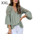 thumbnail image 3 of Sonducket Camisa de mujer Blusa de encaje con cuello en V Camisa de color sólido V Botón de manga larga Top Prendas para la parte del cuerpo Verde XXL, 3 of 6
