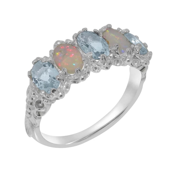LBG British Made 925 Sterling Silver Natural Aquamarine & Opal Womens Eternity Ring - 33 size options - Size 10