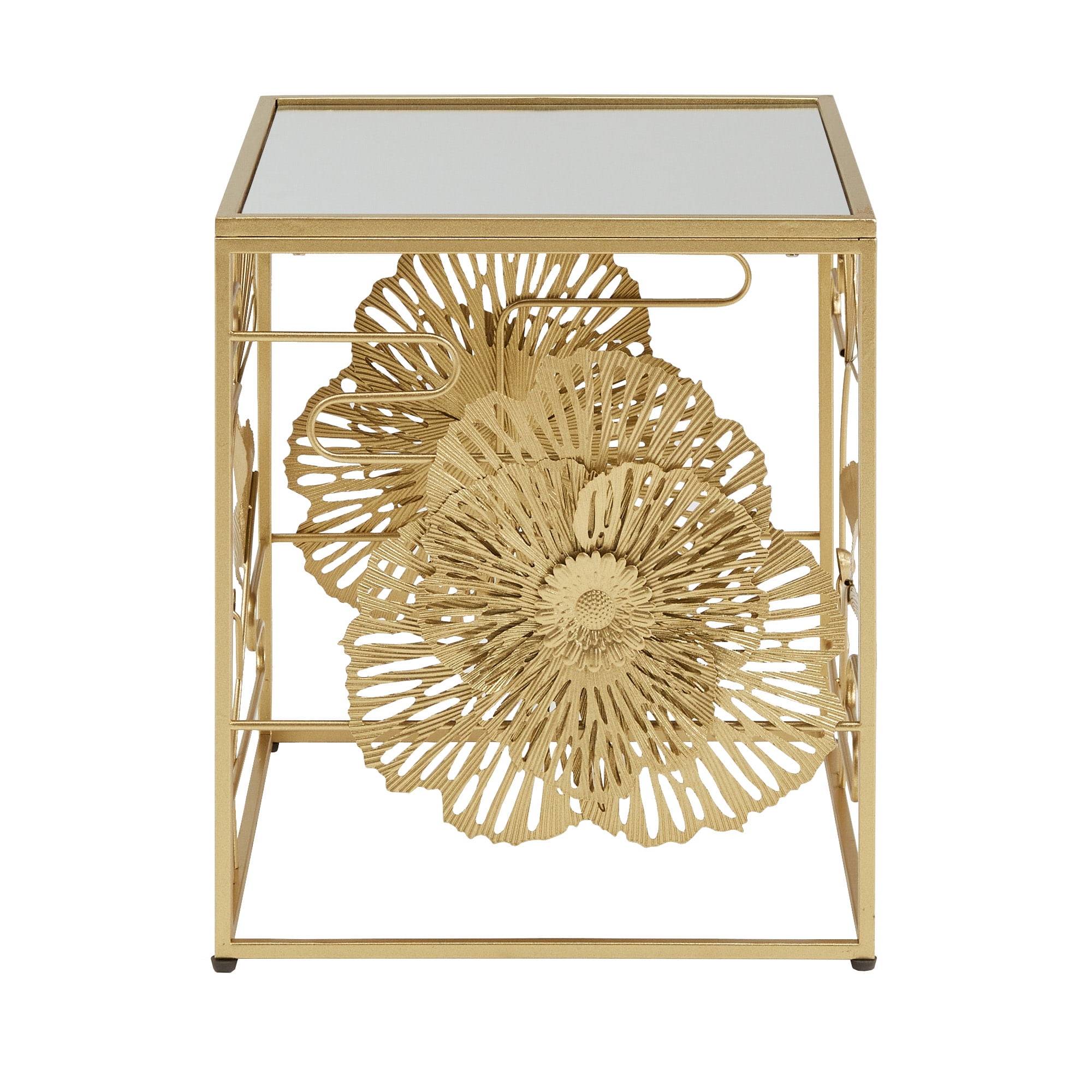 Weston Home Ditmas Gold Finish Peony and Ginkgo End Table with Mirror Top