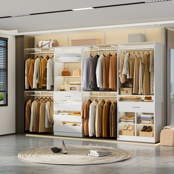 Homieasy Walk-in Closet Organizer System set with 5 Wooden Drawers and 4 Hanging Rods, 4 Cubby Storage & Shelves, Space-Saving Tower Wardrobe for Large Closets,White