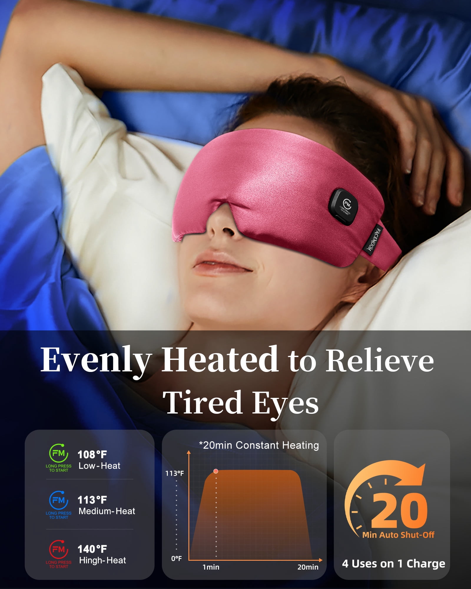 FACEMOON Cordless Warm Eye Compress Silk Comfort for Dry Eyes Relief Rechargeable Moist Heat Washable Sleep Essential Pink