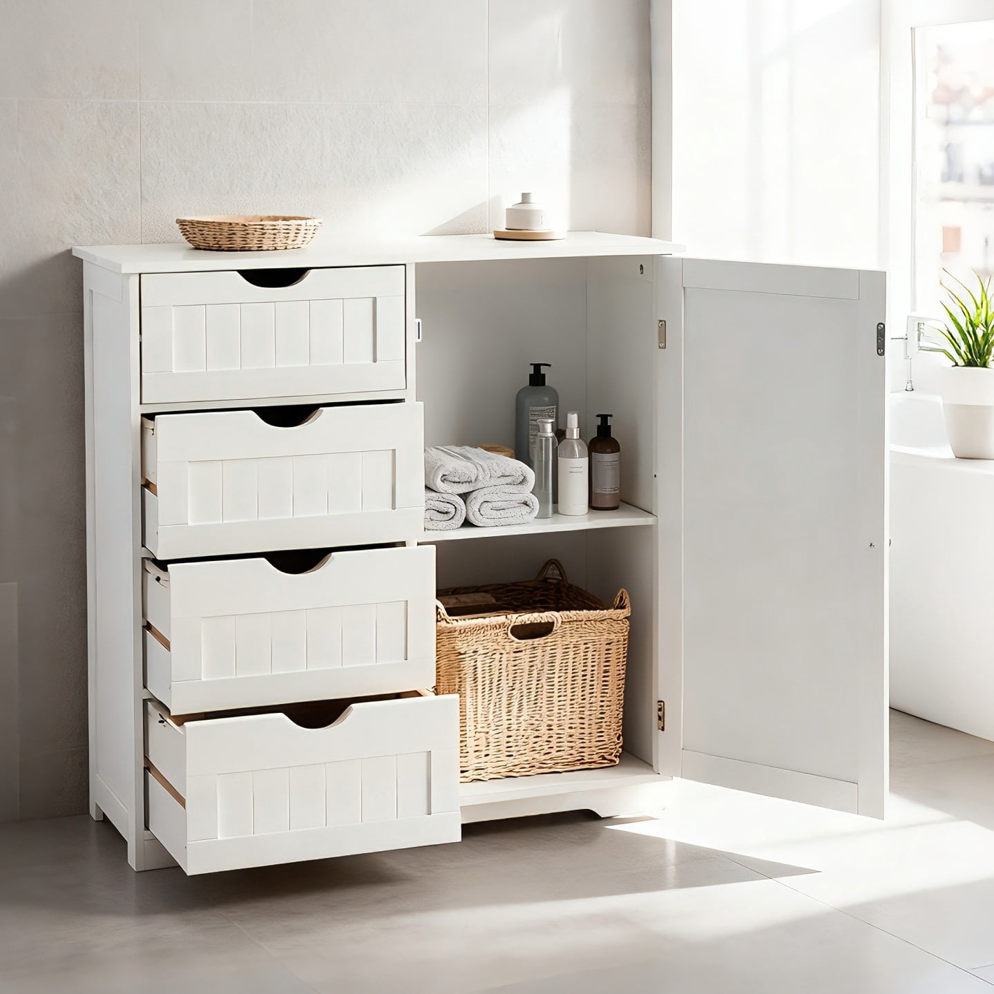 Ktaxon Larger Wooden Bathroom Floor Cabinet, Side Storage Organizer with 4 Drawers, 1 Cupboard & 2-Shelves, White