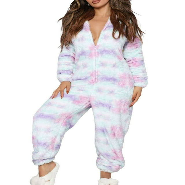 Pyjama de Nuit pour Femmes à Imprimé Floral, Combinaison à Manches Longues avec Capuche et Fermeture Éclair pour Automne Hiver P/M/G/TG
