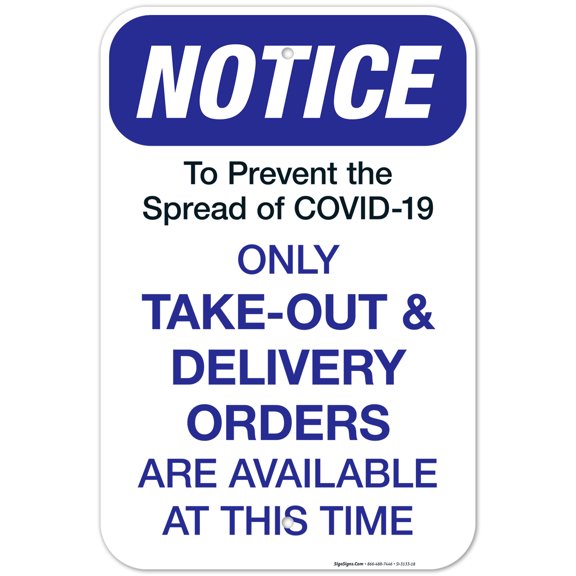Social Distancing Sign,Takeout And Delivery Orders Only Sign, 12x18 Aluminum