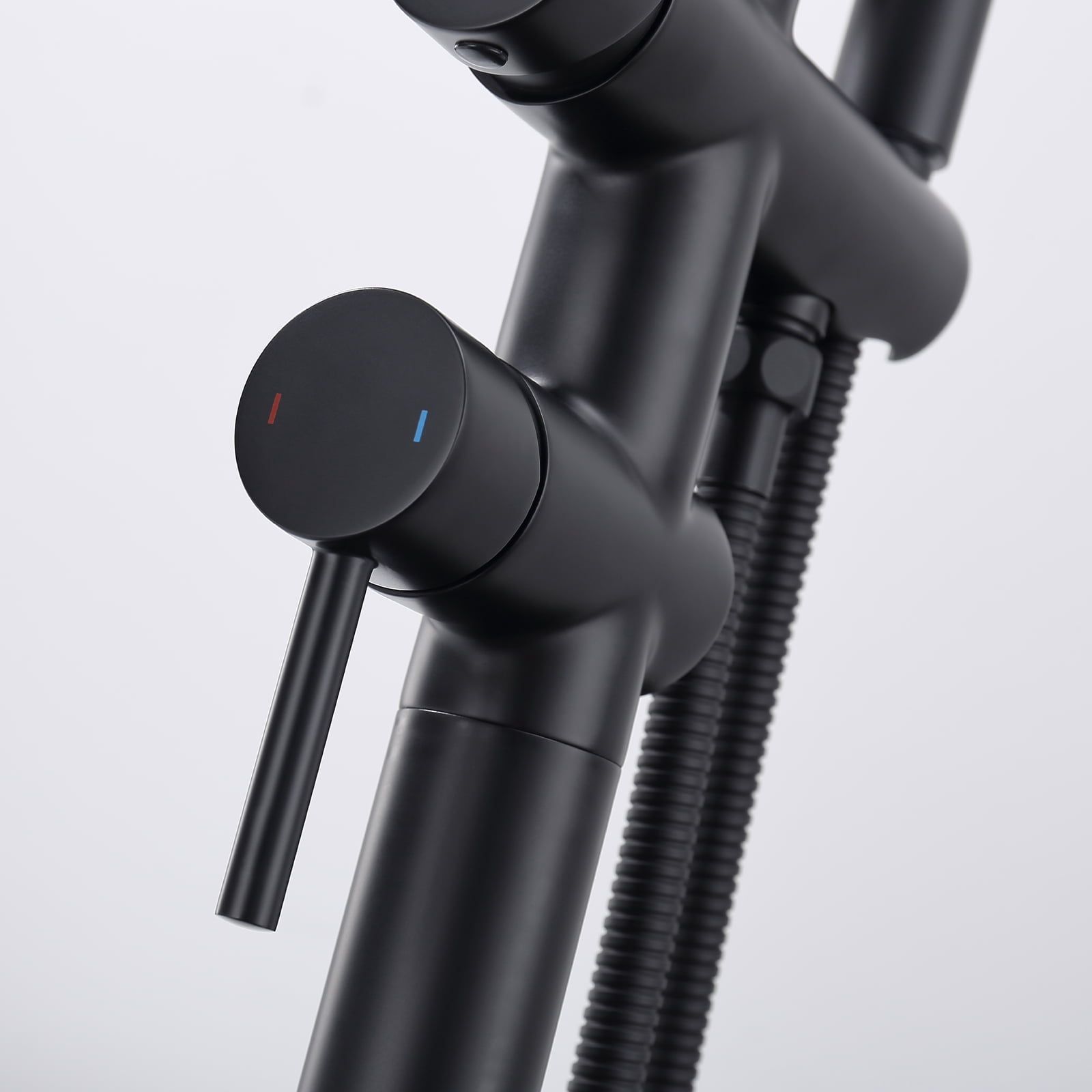 Dawot Floor Mount Bathtub Faucet, Matte Black Brass Bathroom Freestanding Tub Filler Single Handle Tub Spout, with Hand-held showerhead