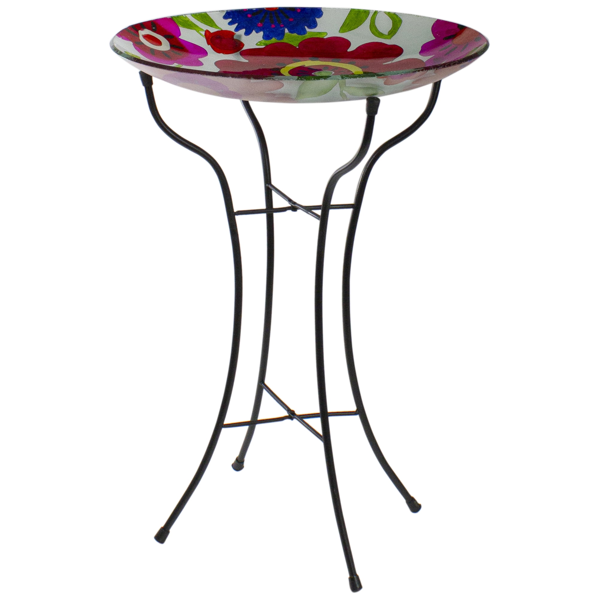 Northlight 18” Red and Blue Summer Flowers Hand Painted Glass Outdoor Patio Birdbath