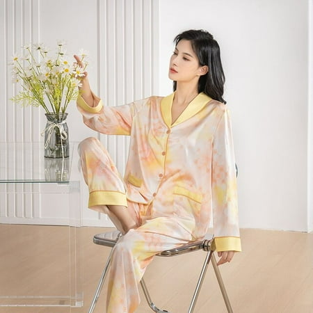 

CoCopeaunt Womens Pajama Set 2 Pieces With Pant Summer Satin Ladies Home Cloth Long Sleeve Spring Sleepwear Pijama For Female 2023