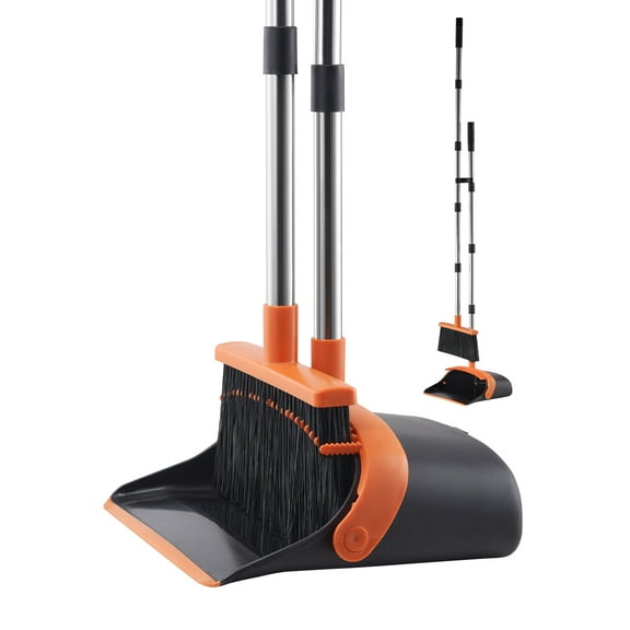 VEVOR Broom and Dustpan Set, Heavy Duty Dustpan and Broom Combo with Self-Cleaning Teeth, Metal Upright Standing Dust Pan with Long Handle, Ideal for Home, Restaurant, Office, Dorm, Black Orange