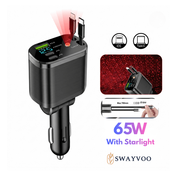 Swayvoo retractable Car Charger 4in1 Fast USB C Car Phone Charger Adapter with Type C Charger & Apple Cords, Compatible with iPhone 17 16 15 14 13 12 11, Galaxy & Pixel with Starlight