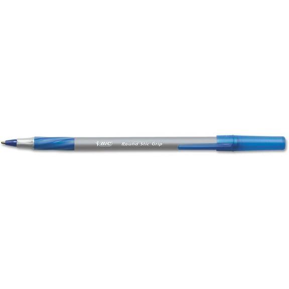 BIC Ultra Round Stic Grip Ballpoint Stick Pens, Medium Point, 12 mm, Blue Ink, 12 Count