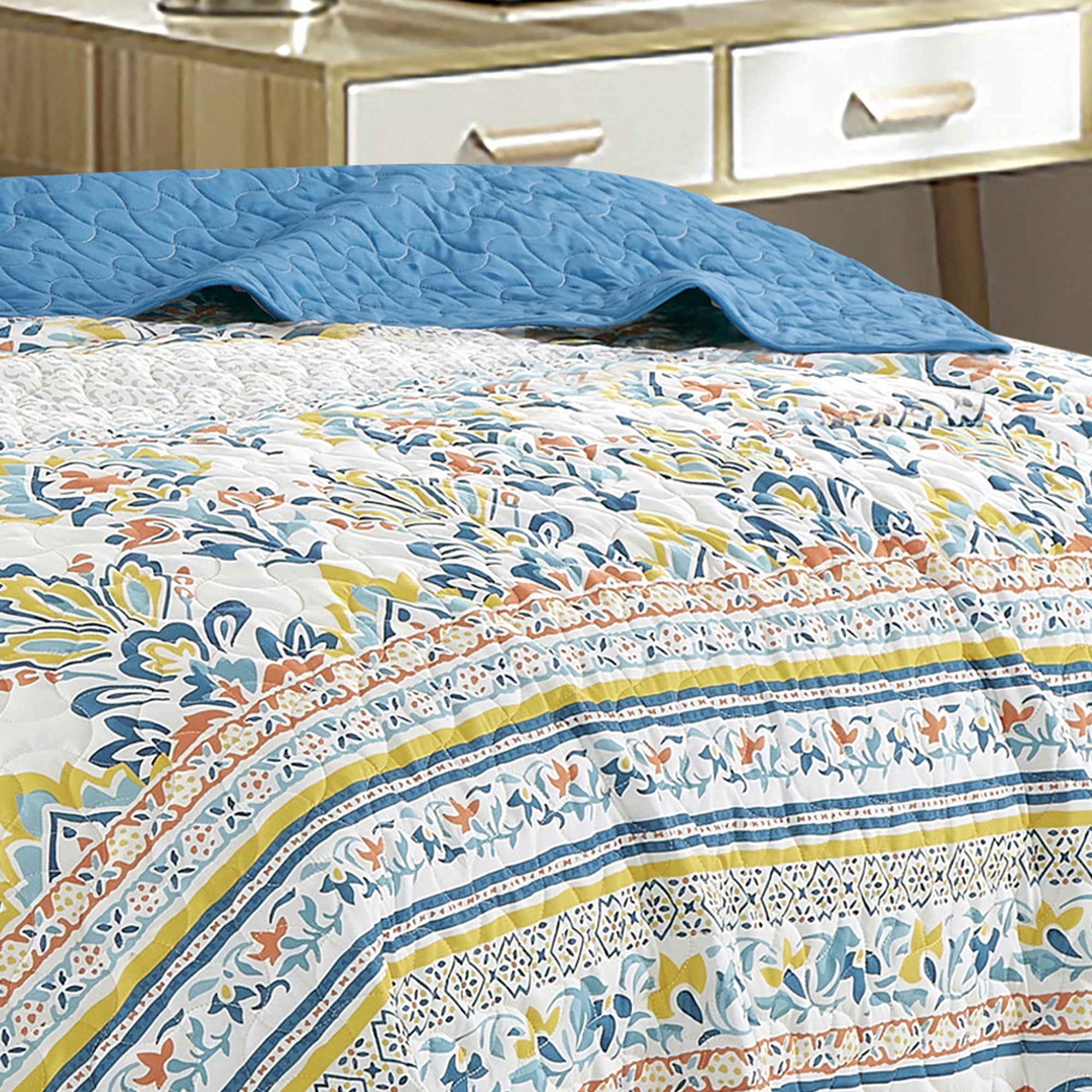 Blue Boho Floral Bedspread Set King Size - Medallion Bedding Set