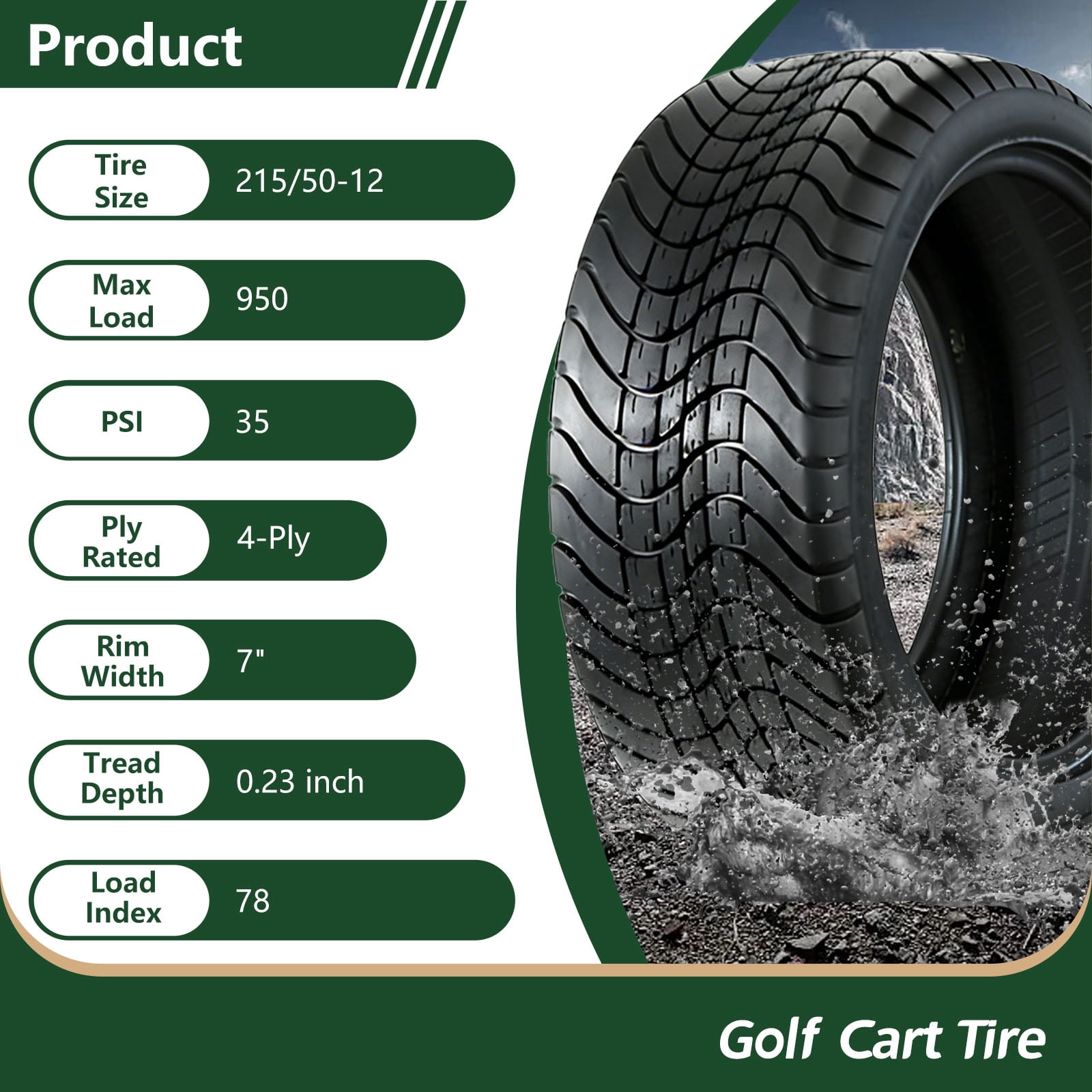 Hi-Run 2 Set P825 215/50-12 4PR Turf Safe Tubeless Golf Cart Tires Fits 18X8.50-12