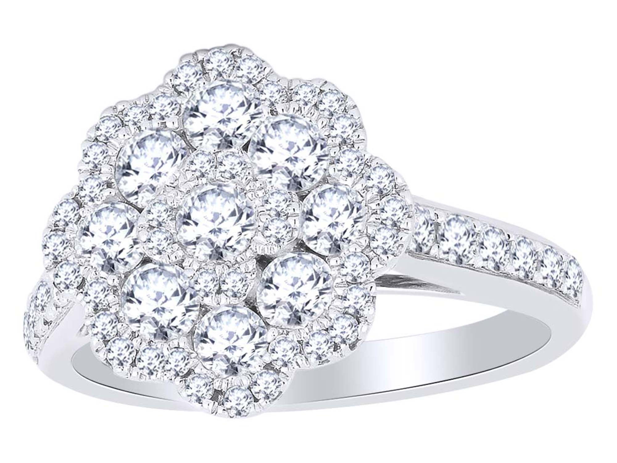 Round Shape White Natural Diamond Cluster Flower Engagement Ring In 14k ...