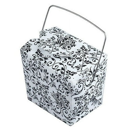 Damask Take Out Boxes with Wire Handle, 4-inch, 12-Piece, White/Black