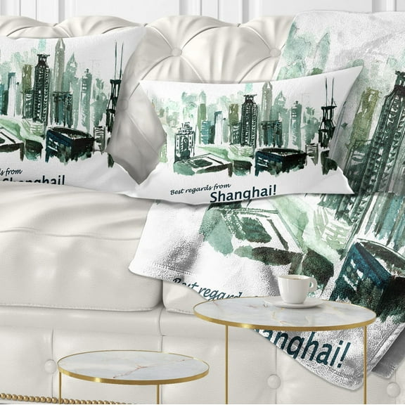 Designart Shanghai Vector Illustration - Cityscape Painting Throw Pillow - 12x20