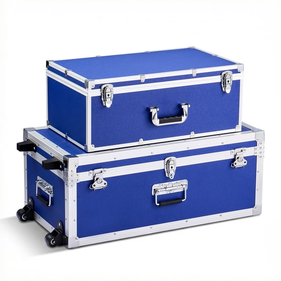 KFFKFF Set of 2 Metal Storage Trunks with Wooden Design, Includes Padlocks, Casters, and 3 Handles, Decorative Storage Boxes with Lids for Travel, Home, Dorm, or Apartment, Blue