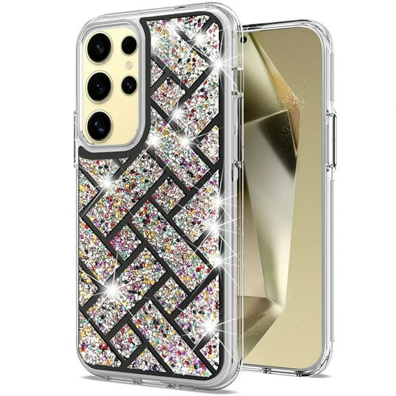 Designed for Samsung Galaxy S24 Sparkly 3D Design Diamond Shockproof Protective Bling Rhinestone Hybrid Skin PC   TPU Phone Case Cover [Herringbone Black]
