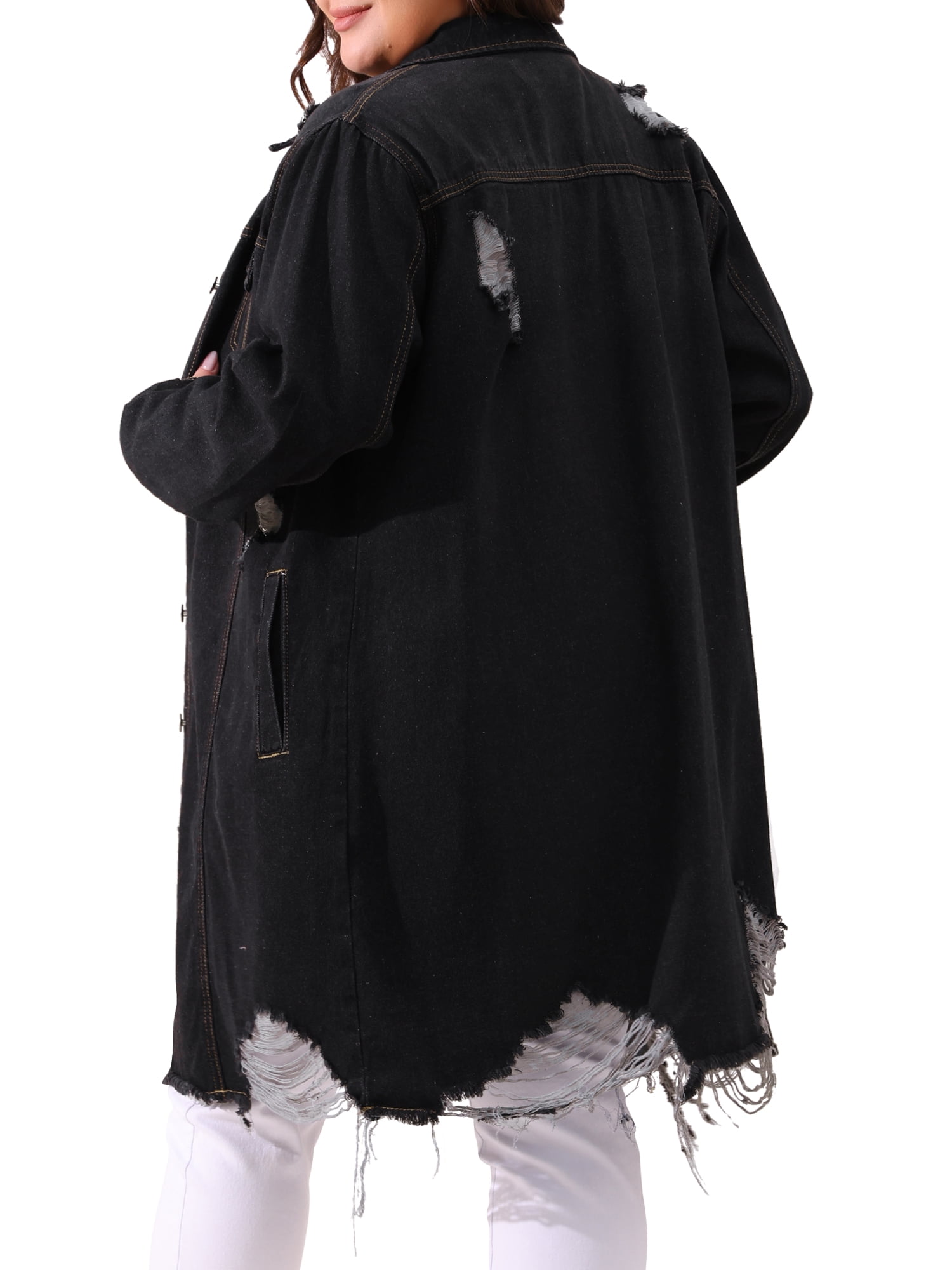 DARING DIVA Women's Plus Size Distressed Fray Hem Trucker Denim Jackets 3X Black