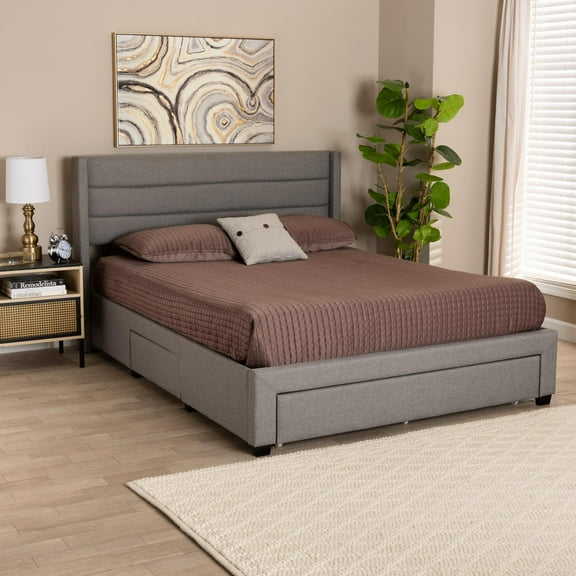Baxton Studio Braylon Mid-Century Modern Transitional Light Grey Fabric and Dark Brown Finished Wood Queen Size 3-Drawer Storage Platform Bed