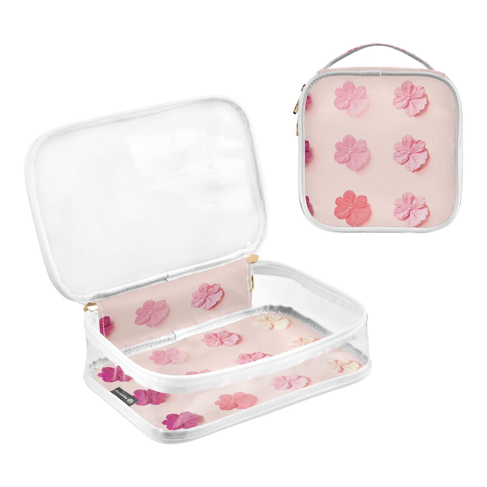 Clear Makeup Bags with Handle Large Opening 2 Pack Set Toiletry Bag Quart Size Bag, for Women Man Traveling Travel Essentials, Toiletries and Other. Pink Flowers Bloom