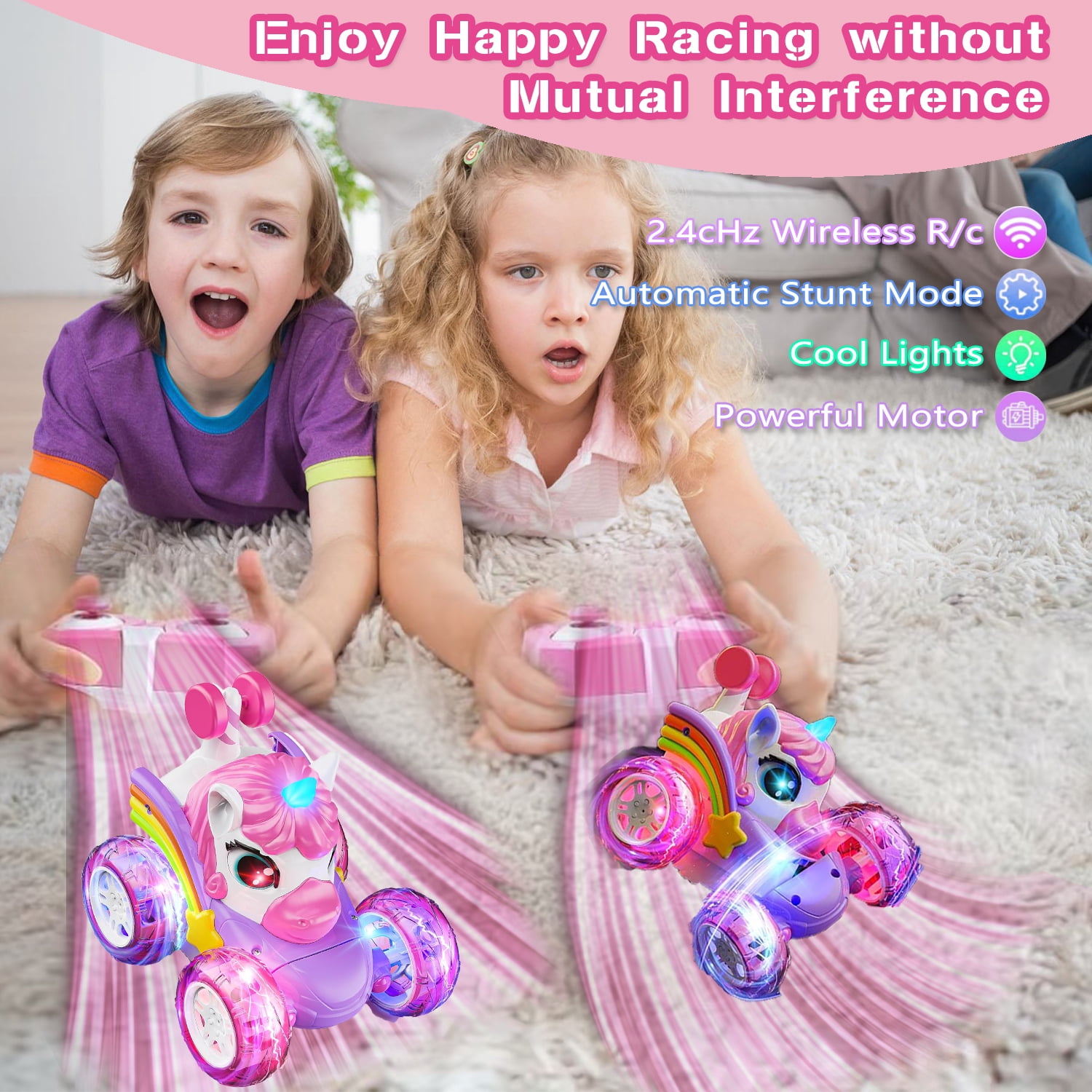 Sunforu Pink Unicorn RC Car for Girl, 360° Stunt Rotation 4WD Remote Control Cars with Lights and Music, Birthday Gift for 3 4 5 6 Years Old Girl