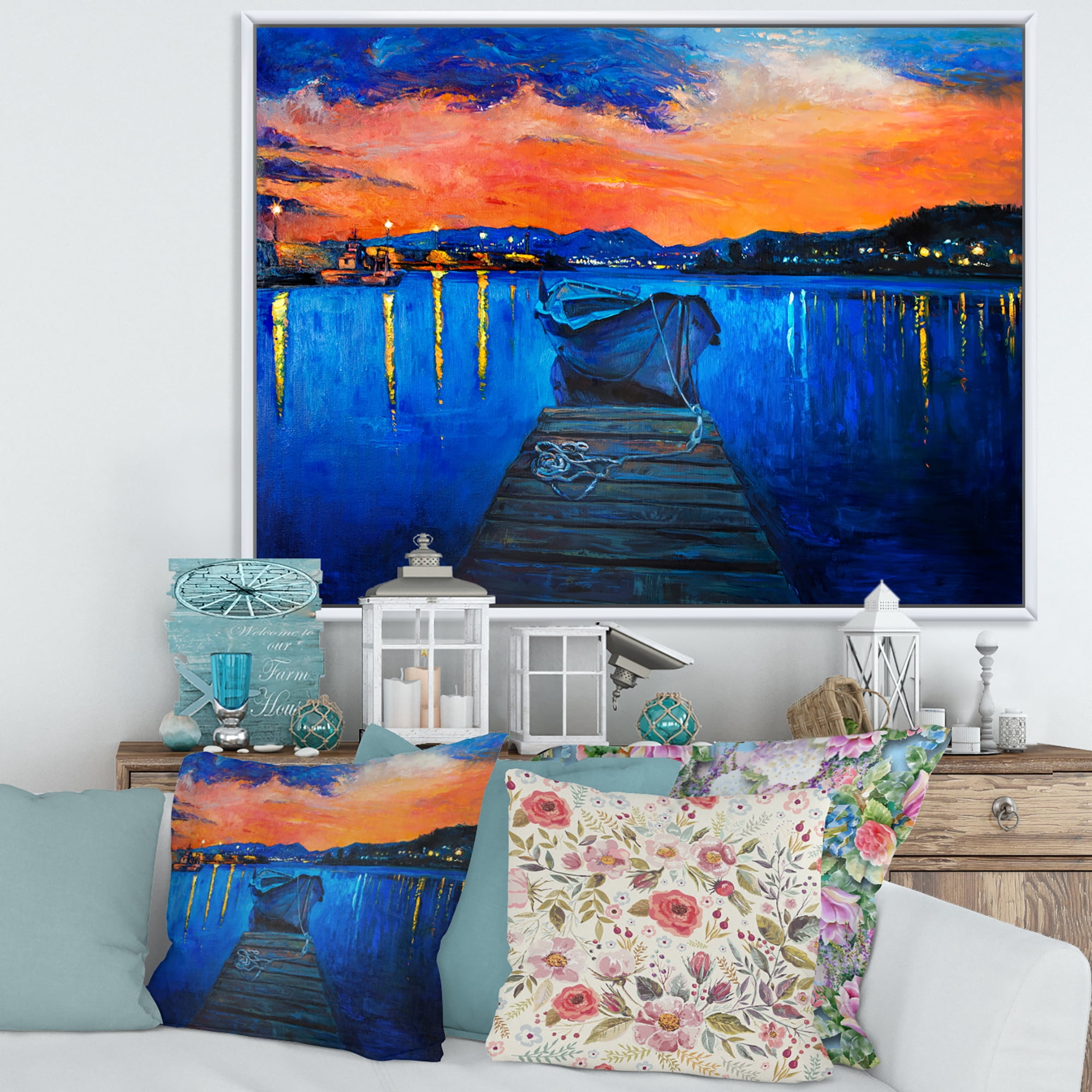Designart 'Boats During Warm Sunset Resting On The Water III' Nautical & Coastal Framed Canvas Wall Art Print