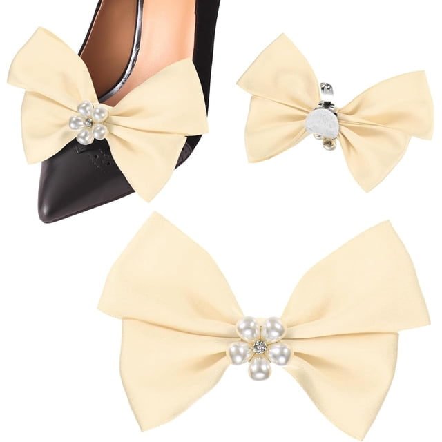 2-Pack Bow Shoe Clips, Satin Elegant Detachable Buckle Bridal Heels Accessories with Pearl Rhinestone for Wedding