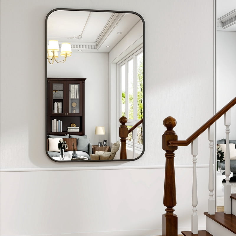 Easy4Home 38"x26" Rectangular Bathroom Mirror Hanging Rounded Corners Vanity Mirror Wall Mounted, Black